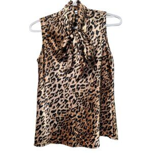 Kasper Cheetah Animal Print Tie Neck Scarf Gold Black Satin Sleeveless Blouse S